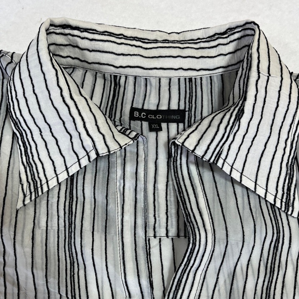 BC Clothing Womens XXL White Black Striped Crinkle Sheer Tunic Long Sleeve Top - Picture 2 of 8